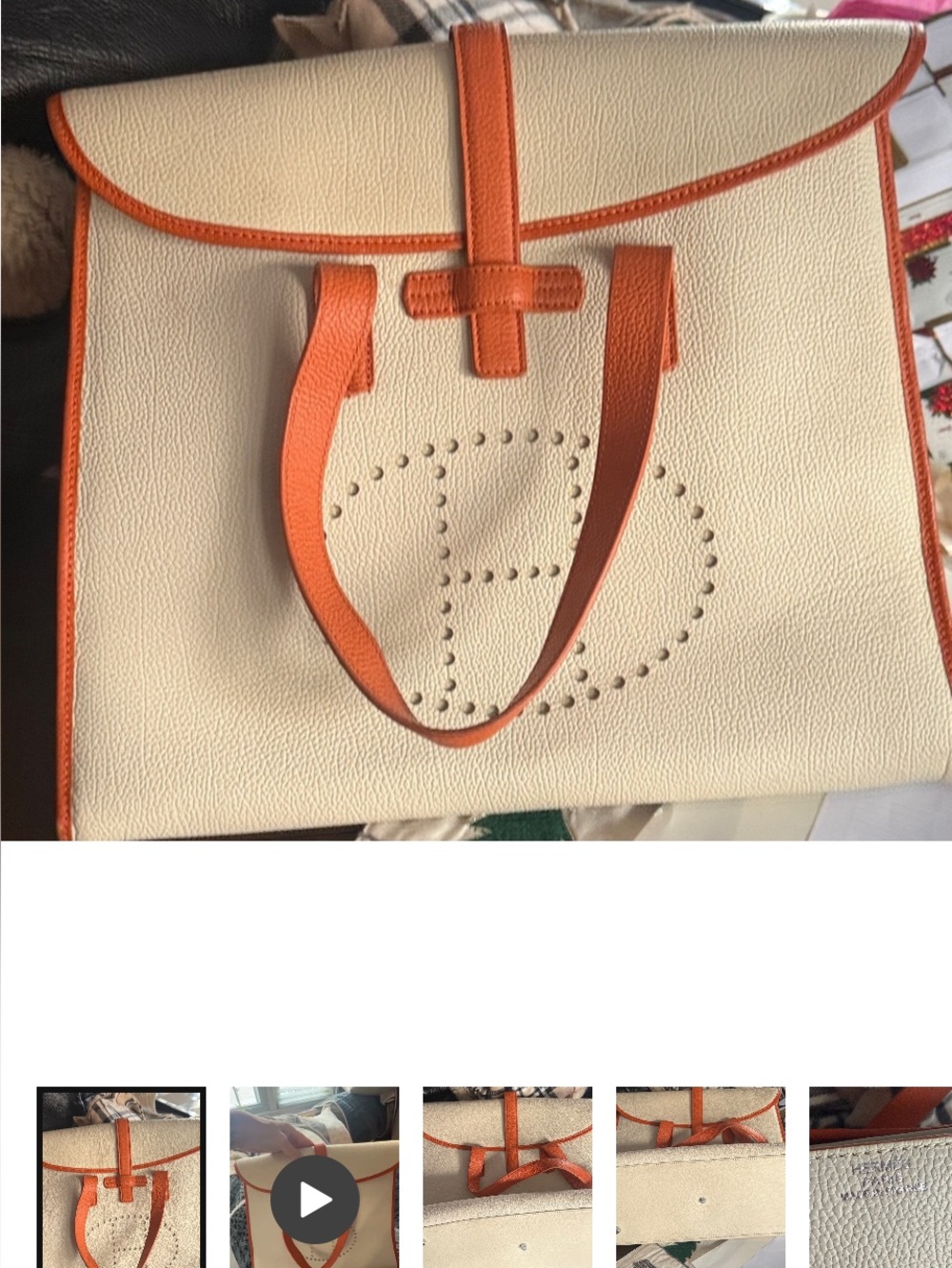 Women's Ivory and Orange Tote Bag leather12/14 inches heavy leather